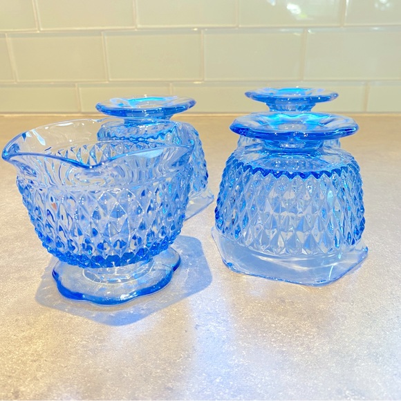 Vintage Diamond Point Ice Blue Indiana Glass Footed Bowl Scalloped set of 4 - Picture 2 of 9
